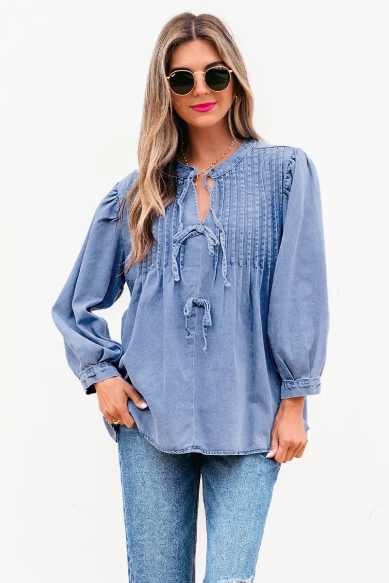 Myosotis Denim Front Pintuck Bow Tie Puff Sleeve Top - Love Salve